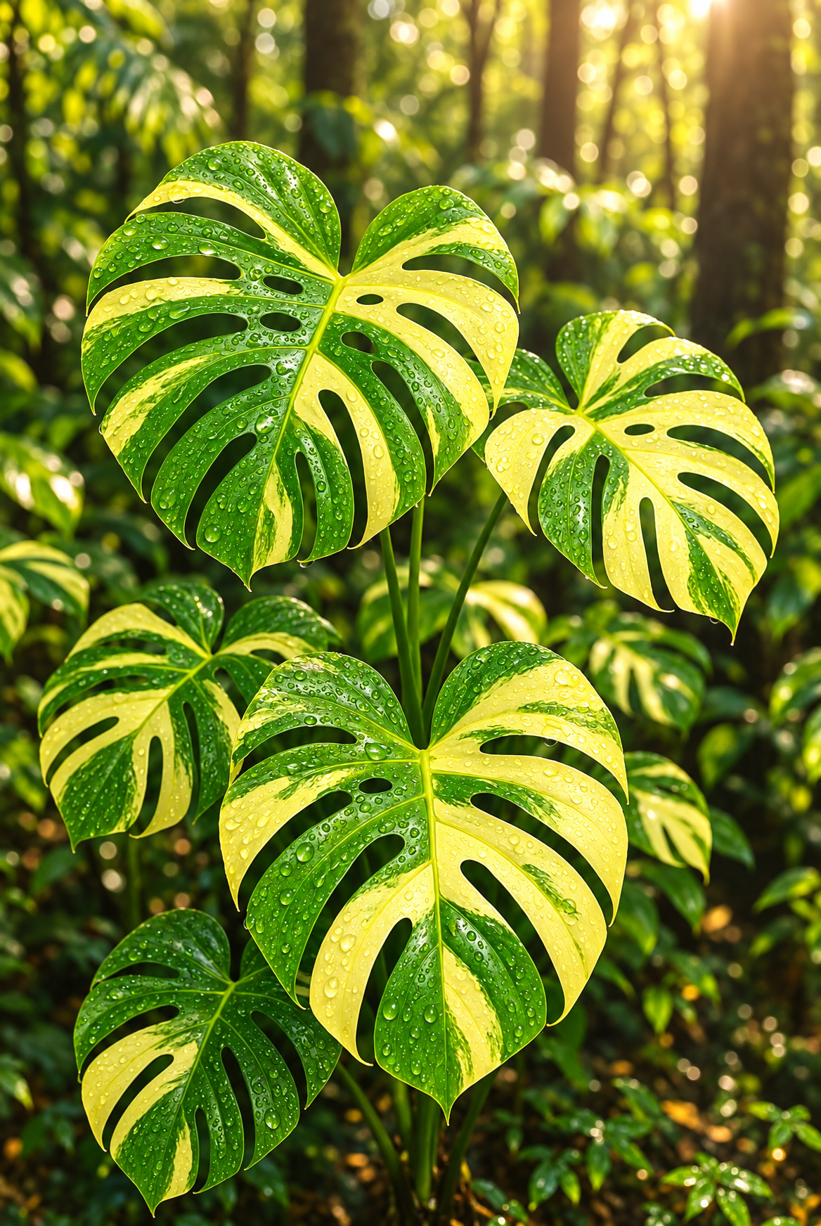 Variegated Monstera Leaves with Lime Yellow Splits