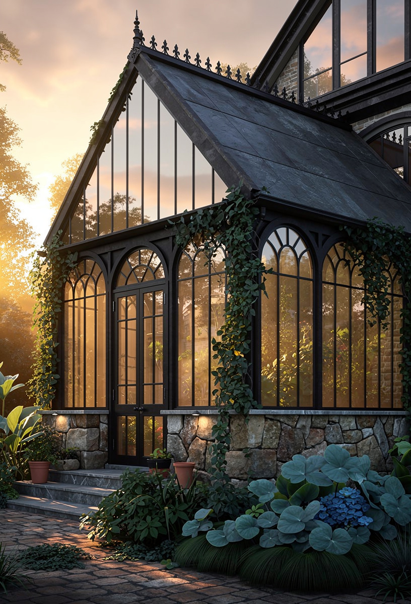 Victorian glass conservatory with soot-black frames — Flux 2 Pro