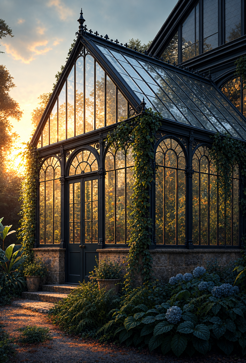 Victorian glass conservatory with soot-black frames