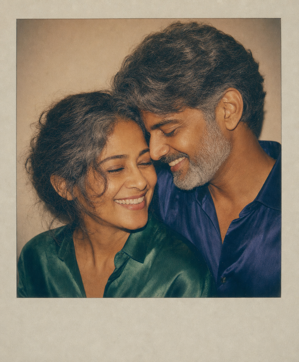 Radiant Middle-Aged Couple in Warm Polaroid Embrace