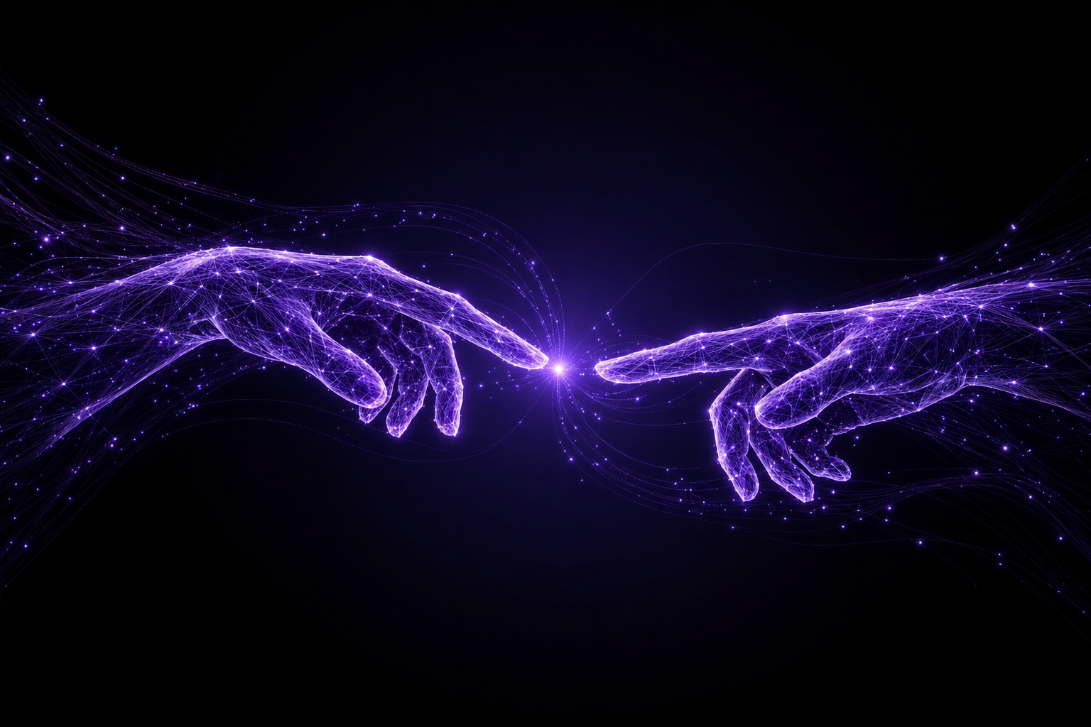 Violet Holographic Hands Almost Touching
