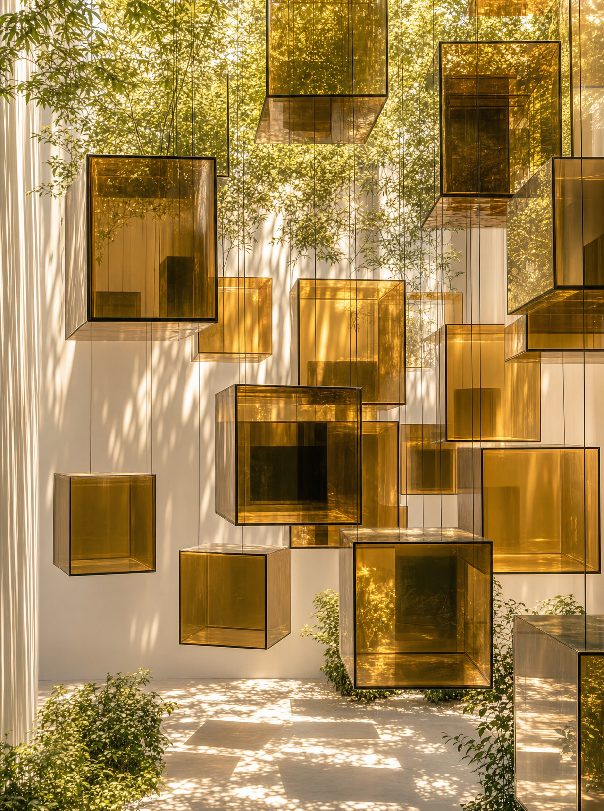 Warm Amber Glass Cubes in Minimalist Space