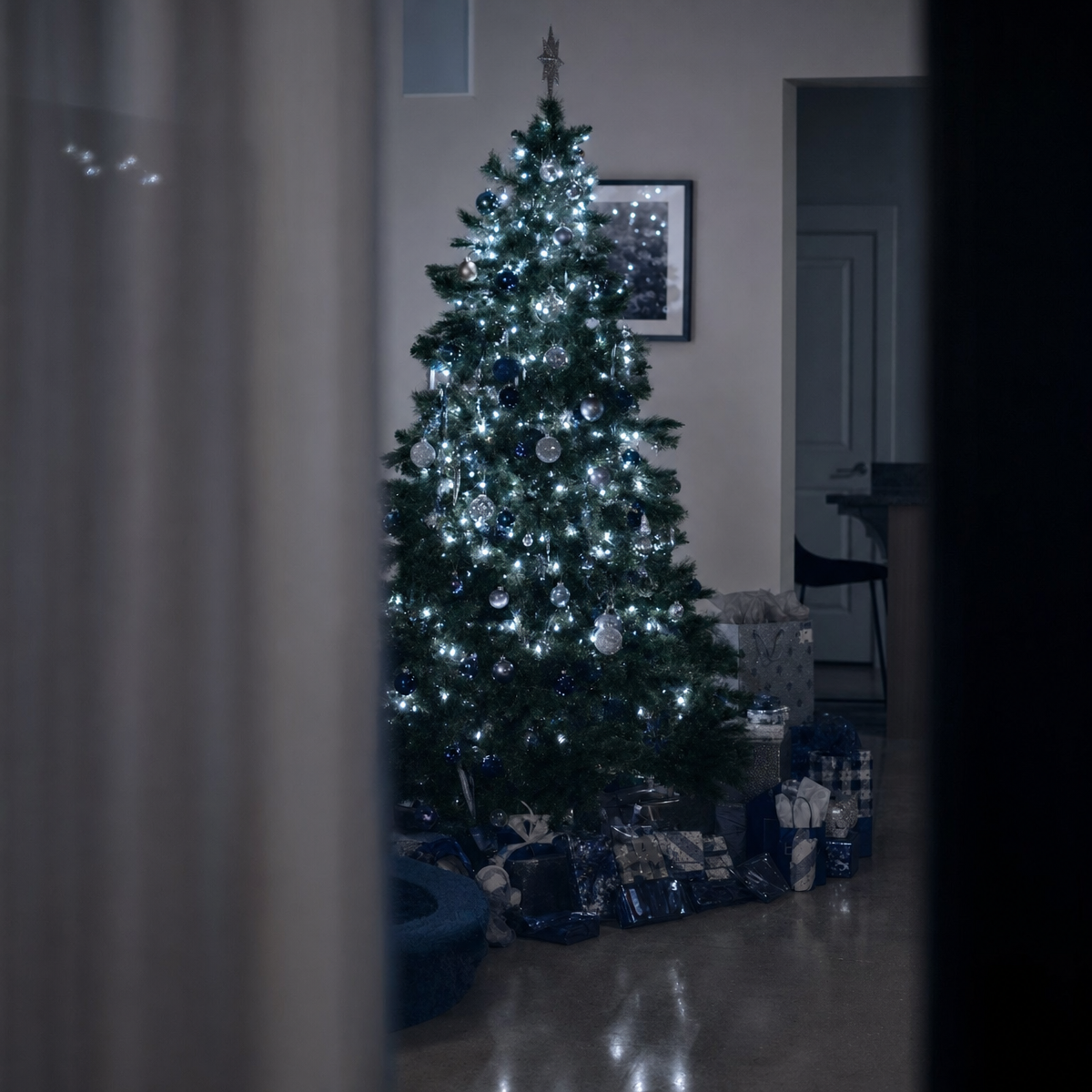 Modern minimalist Christmas tree with cool lighting