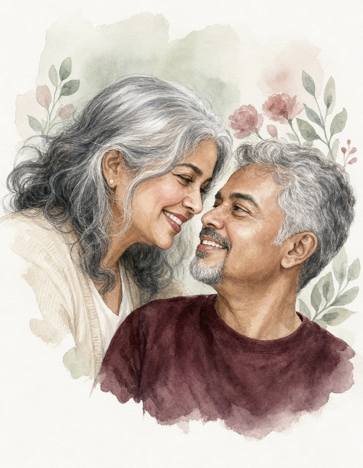 Older Couple in Tender Watercolor Embrace