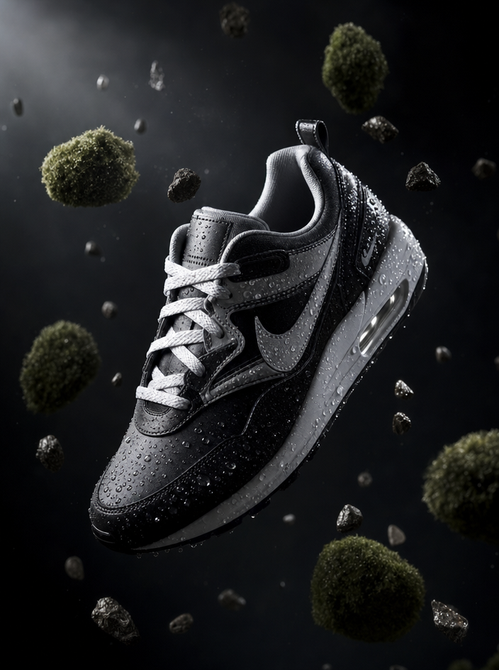 Wet Black-Silver Sneaker in Midair
