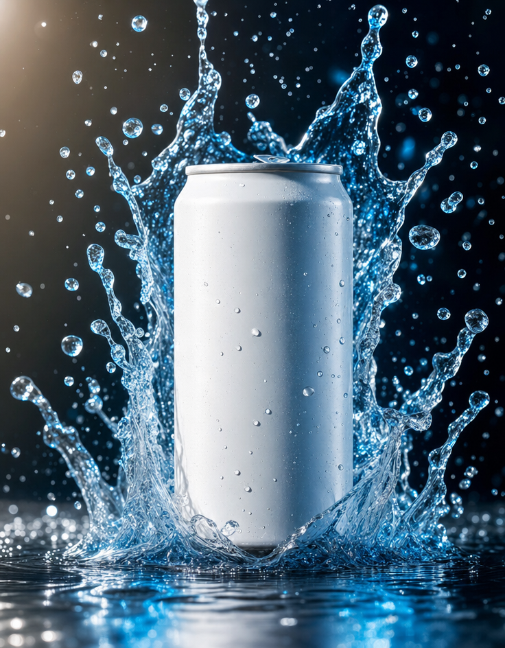 White can with icy blue water plume