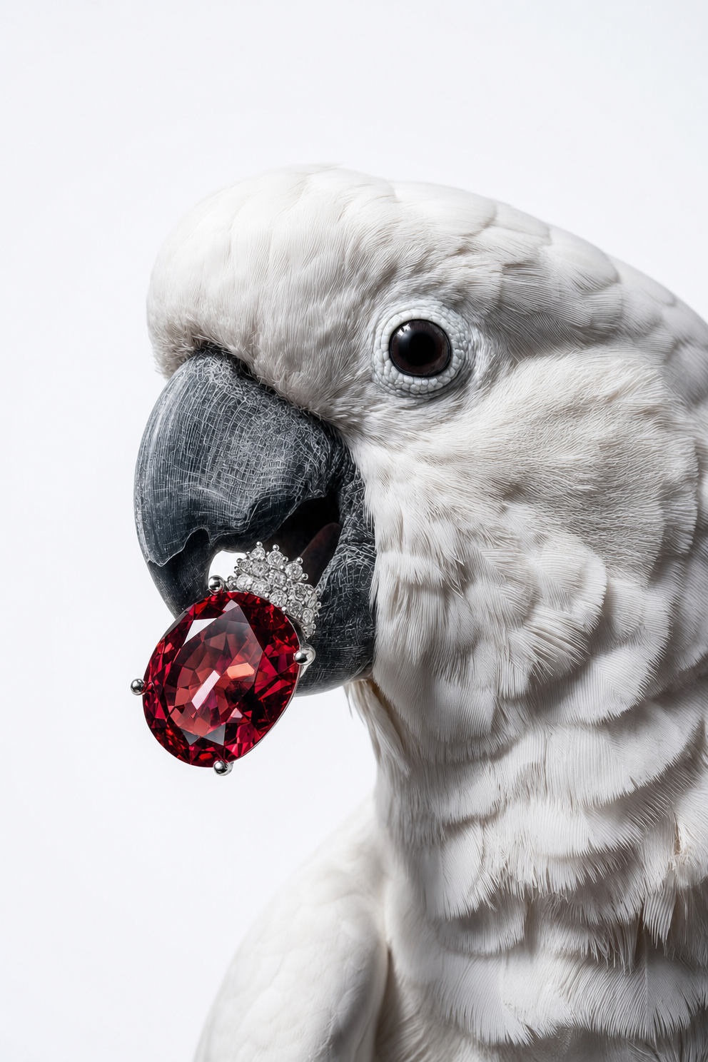 White cockatoo with red gemstone ring