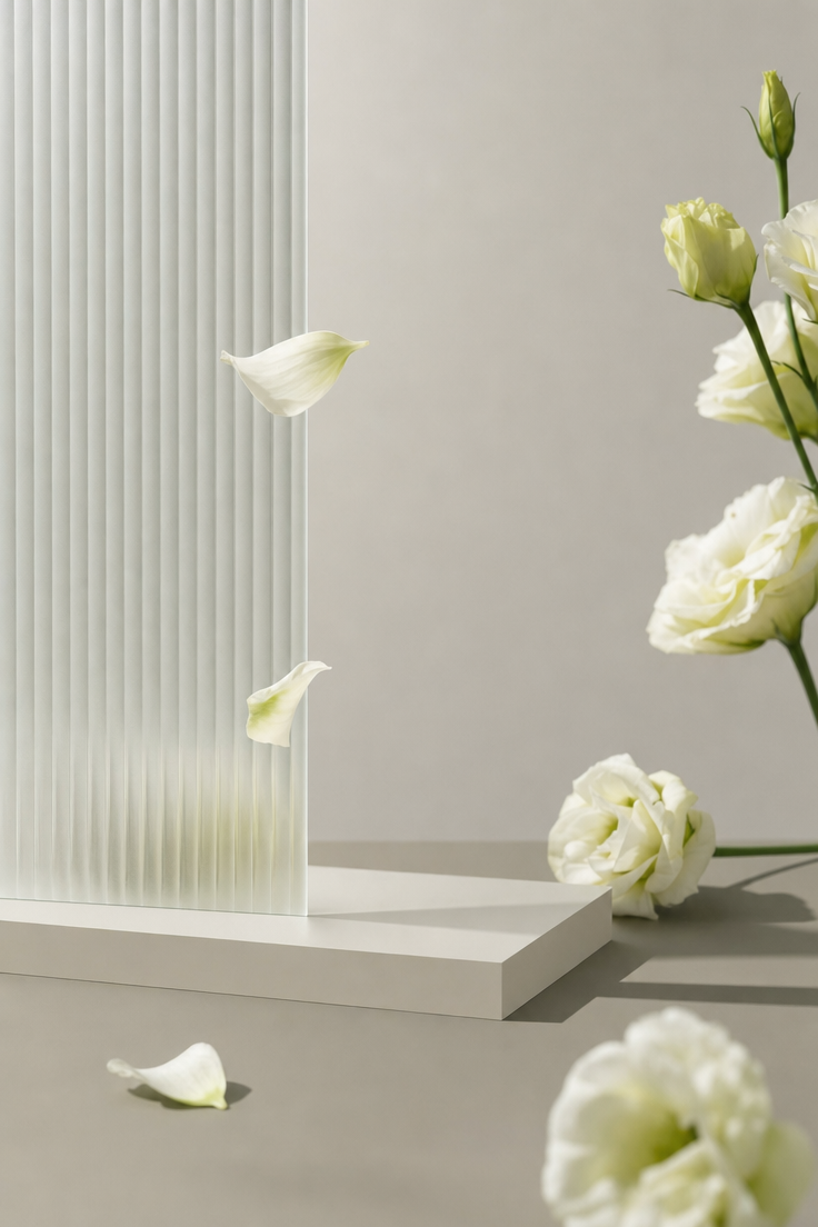 White flowers on geometric platform with frosted dividers