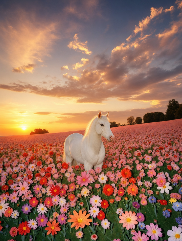 White Horse at Golden-Hour Wildflowers