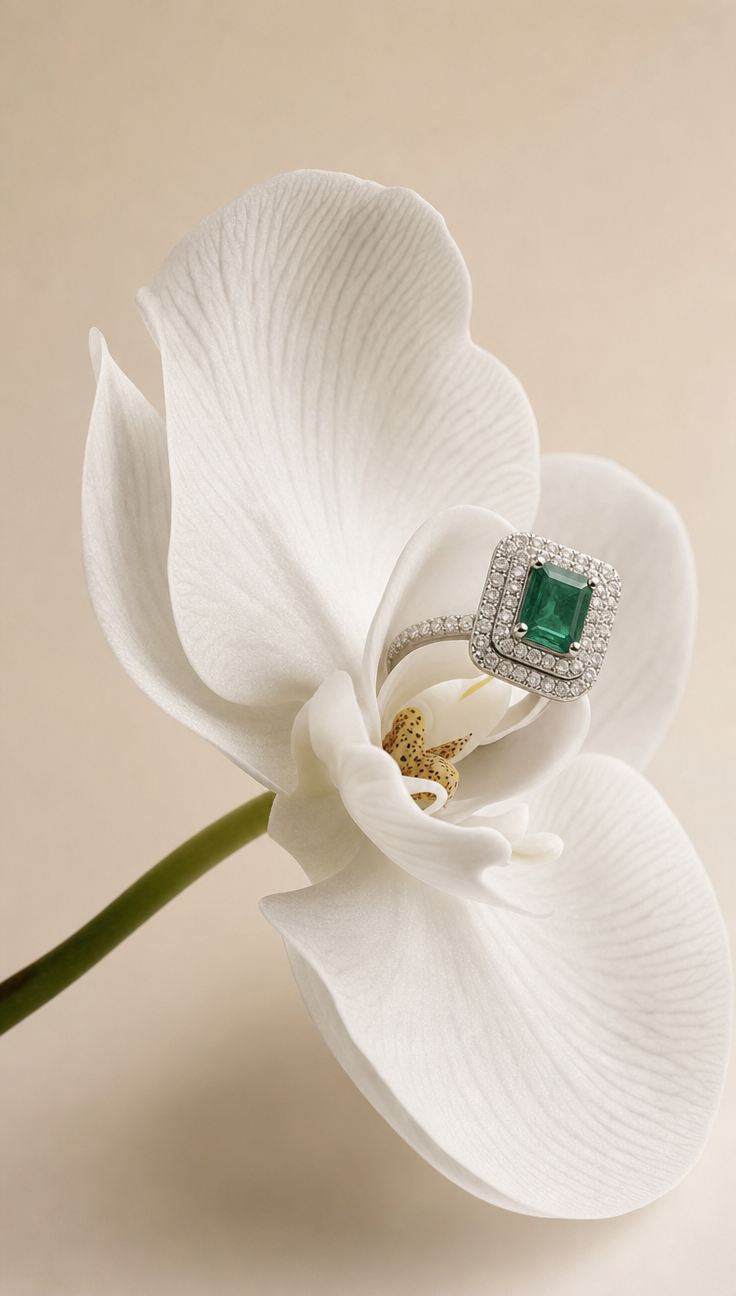 White Orchid and Emerald Halo Ring