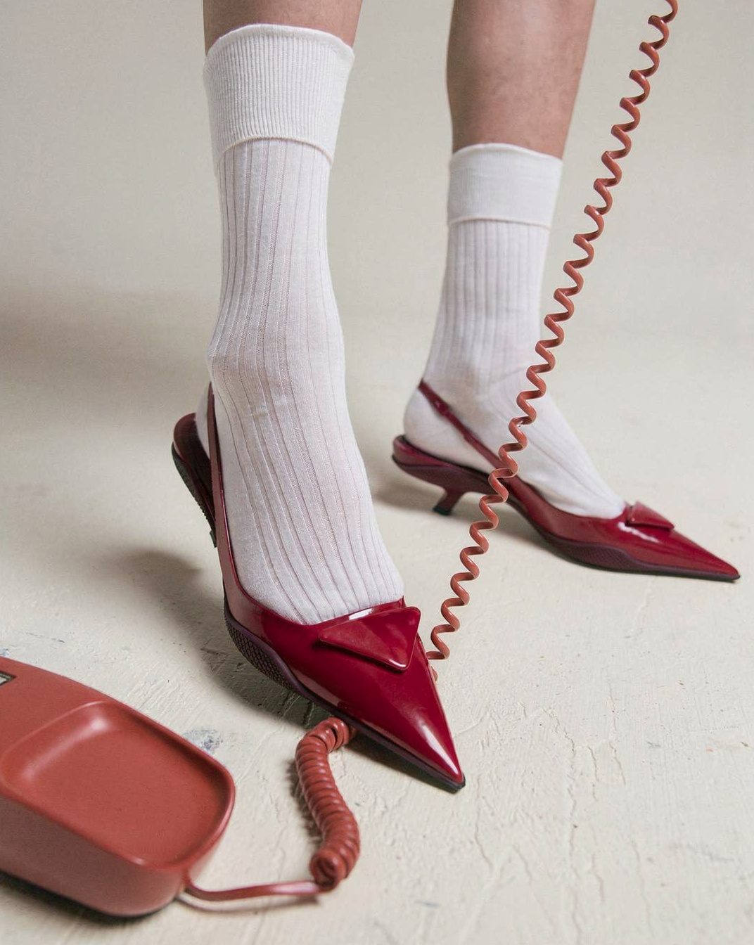 White Ribbed Socks with Burgundy Pointed Mules