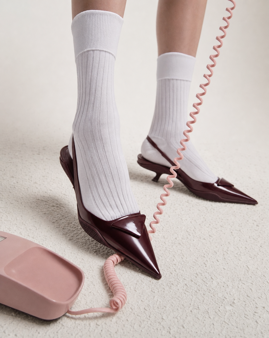 White Ribbed Socks with Burgundy Pointed Mules — gpt-image-2