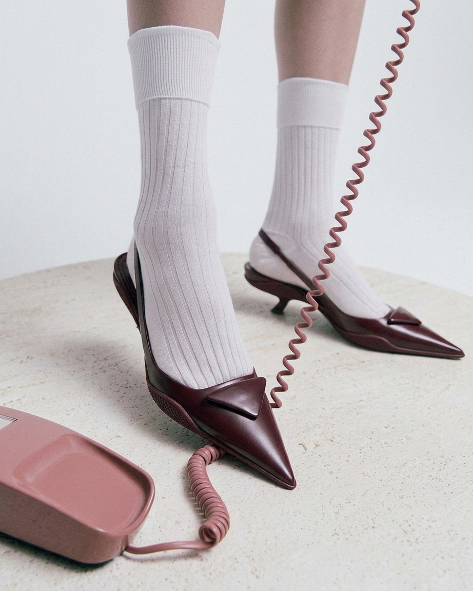 White Ribbed Socks with Burgundy Pointed Mules