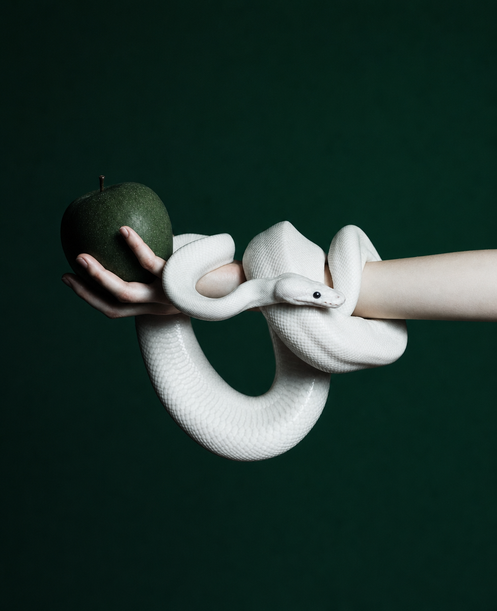 White snake with dark-green apple
