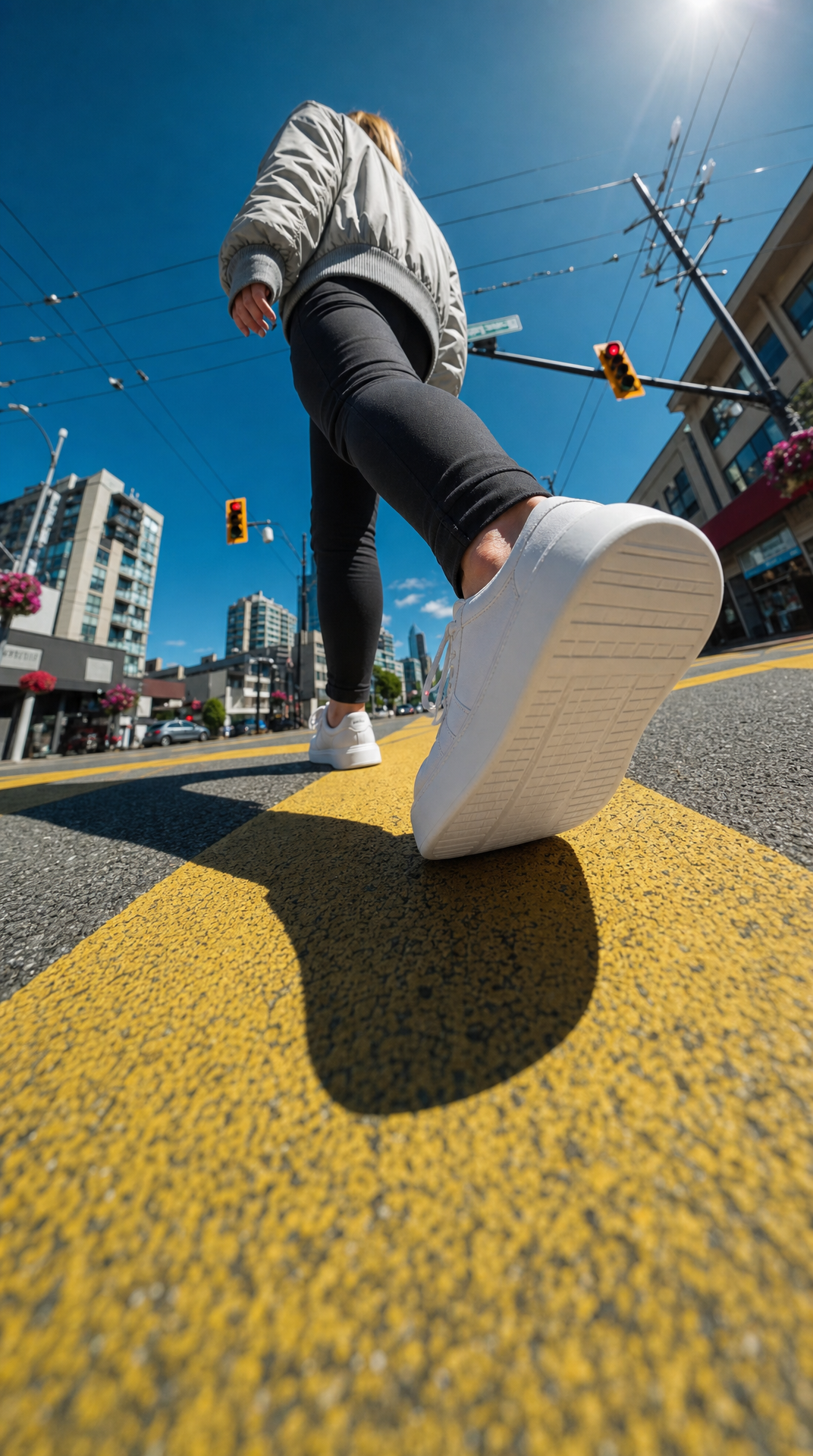 White-soled sneaker stepping over camera on sunny crosswalk