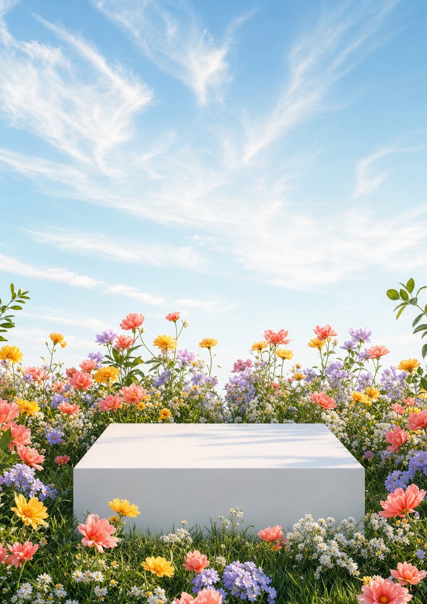 White square plinth in wildflower meadow