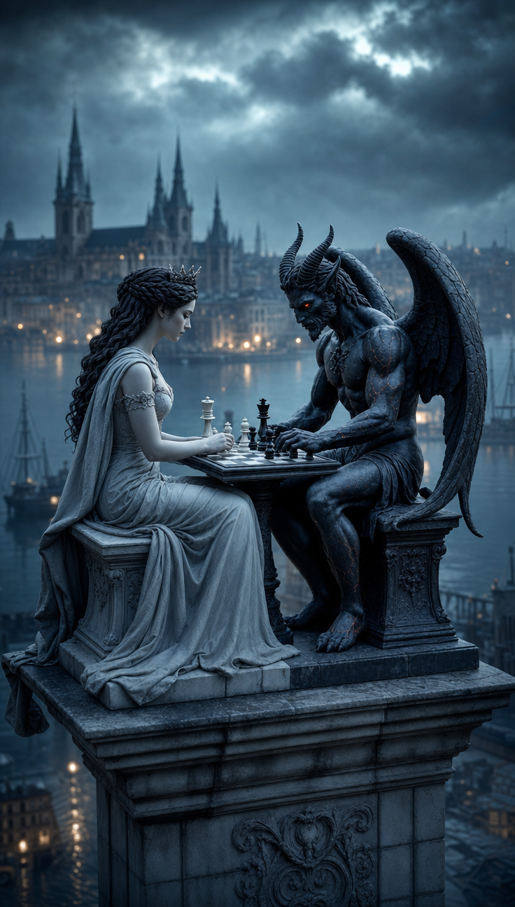 White stone woman and horned demon chess at teal dusk