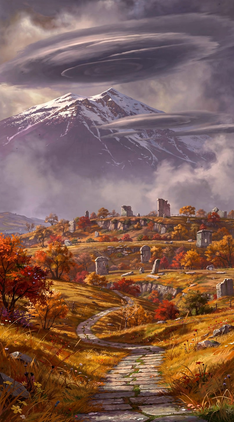 Autumn pathway ascending toward misty highlands