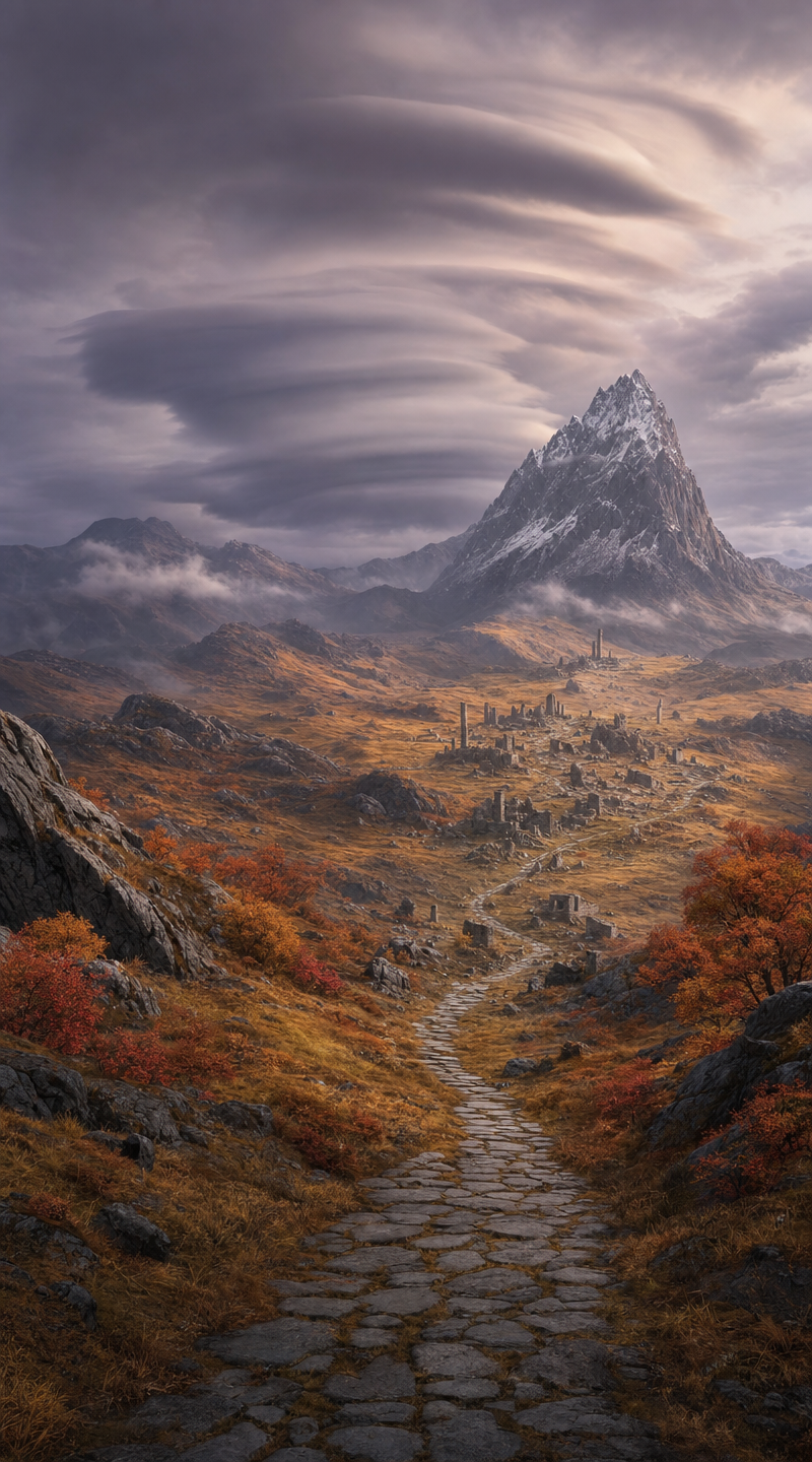 Autumn pathway ascending toward misty highlands
