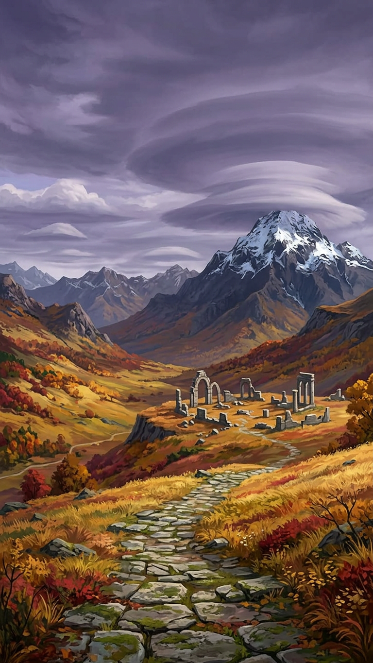 Autumn pathway ascending toward misty highlands