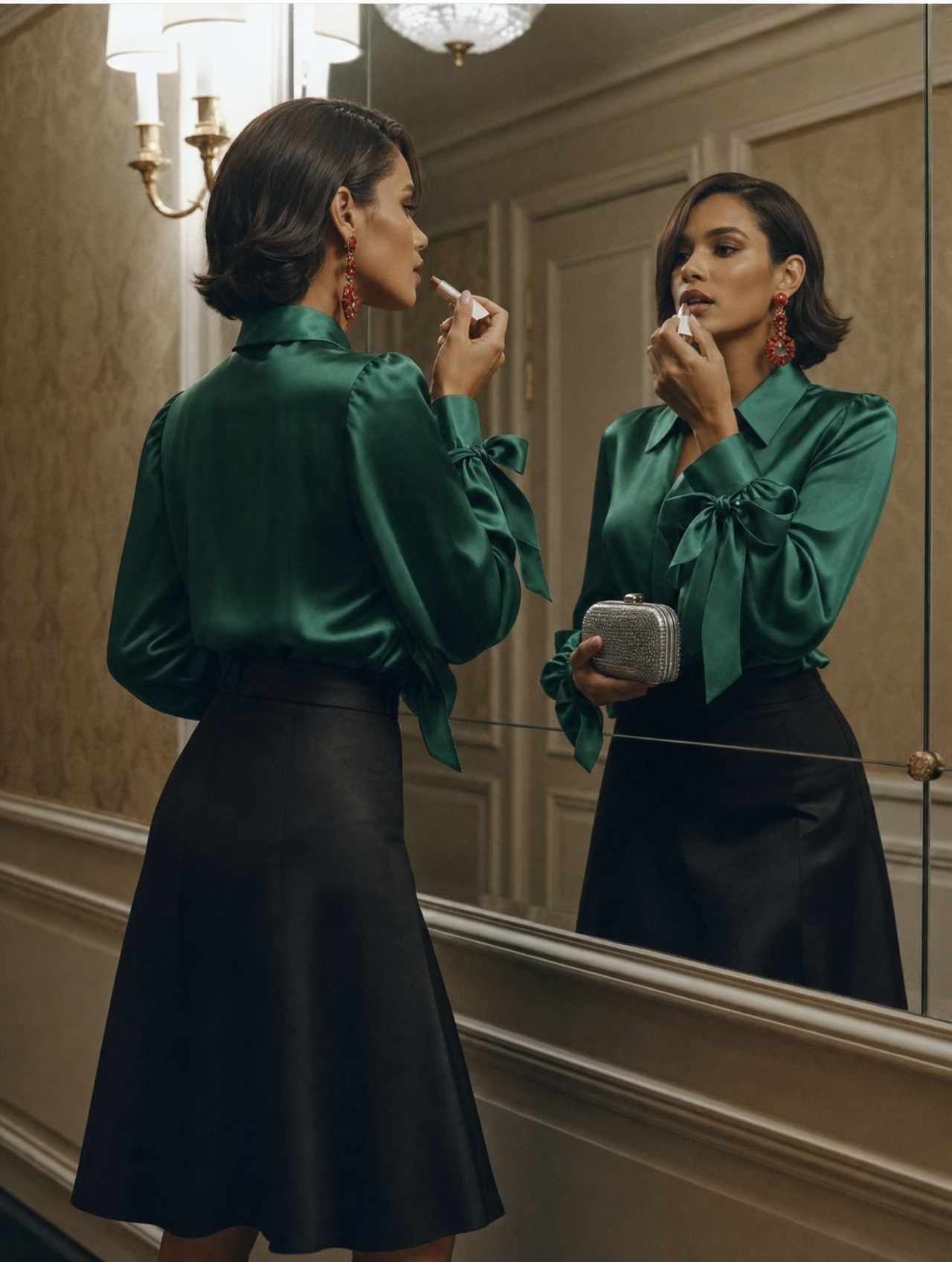 Woman applying lipstick with emerald satin blouse