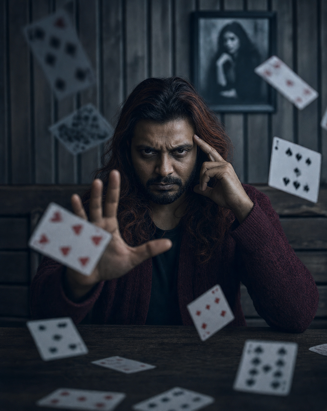 Woman channeling psychic energy with swirling cards