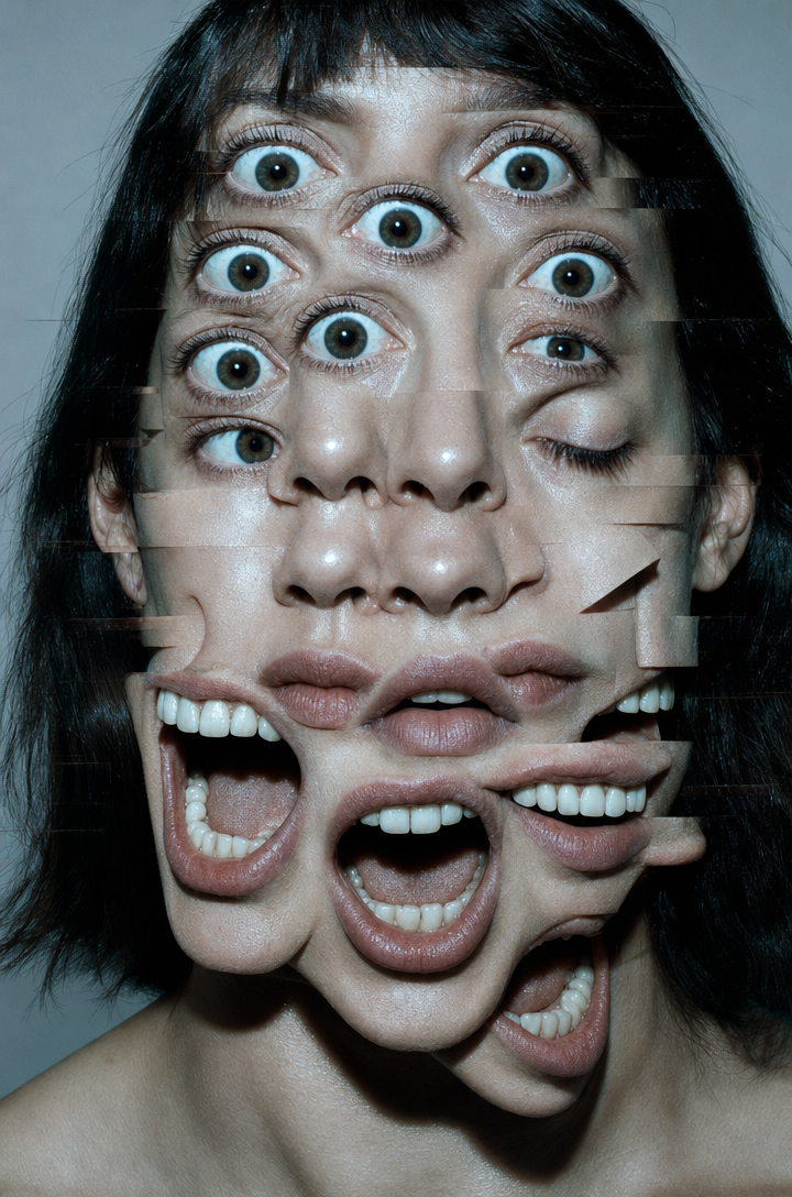Woman Face Glitch Collage with Cyan High Contrast