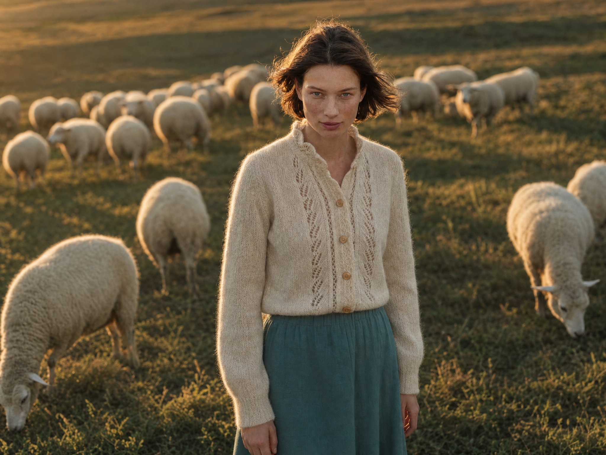 Woman in beige cable-knit cardigan near sheep