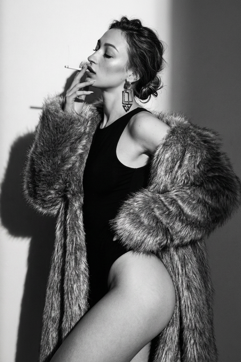 Woman in black bodysuit with shaggy fur coat