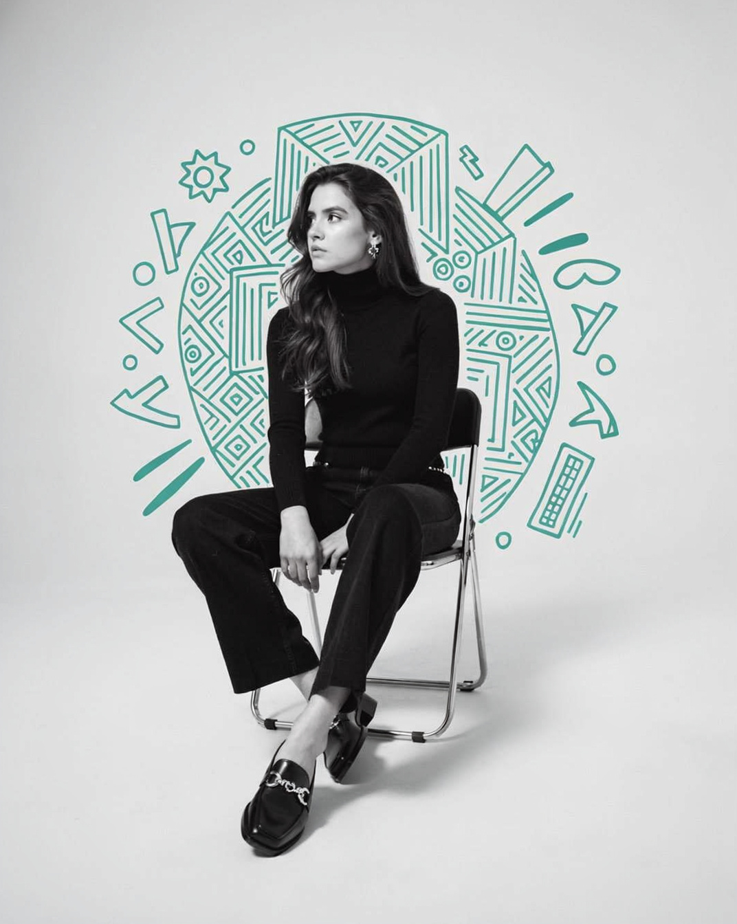Woman in Black Turtleneck with Geometric Doodles