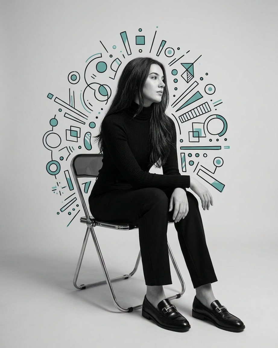 Woman in Black Turtleneck with Geometric Doodles