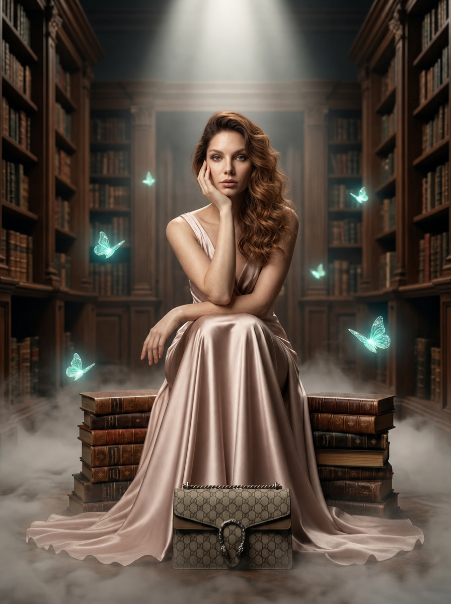 Woman in blush satin gown, auburn curled hair