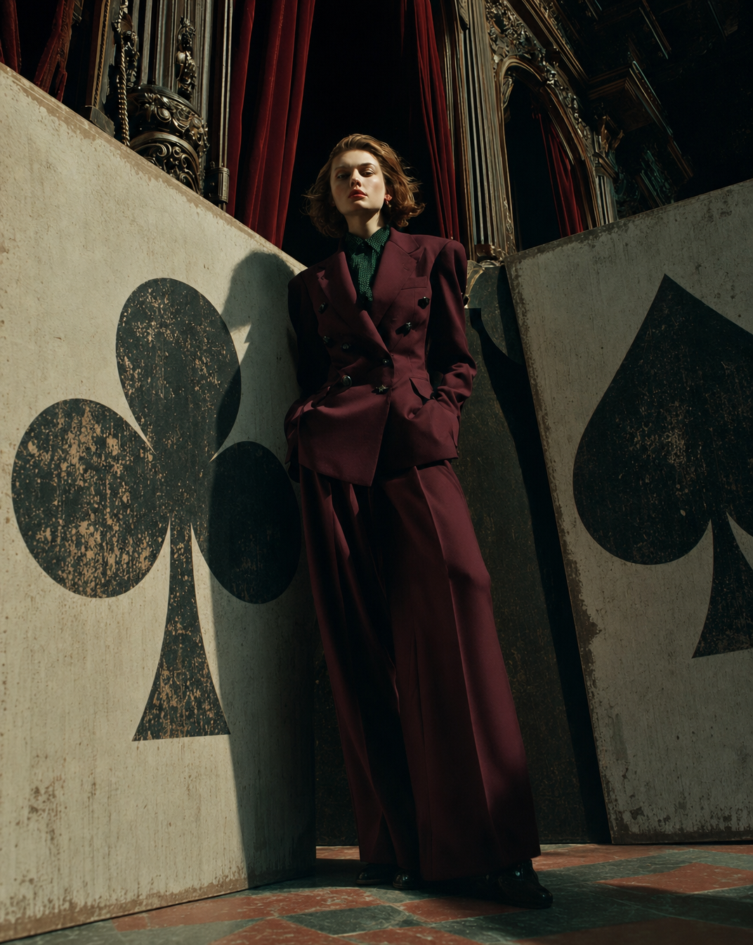 Woman in Burgundy Suit Among Giant Card Panels