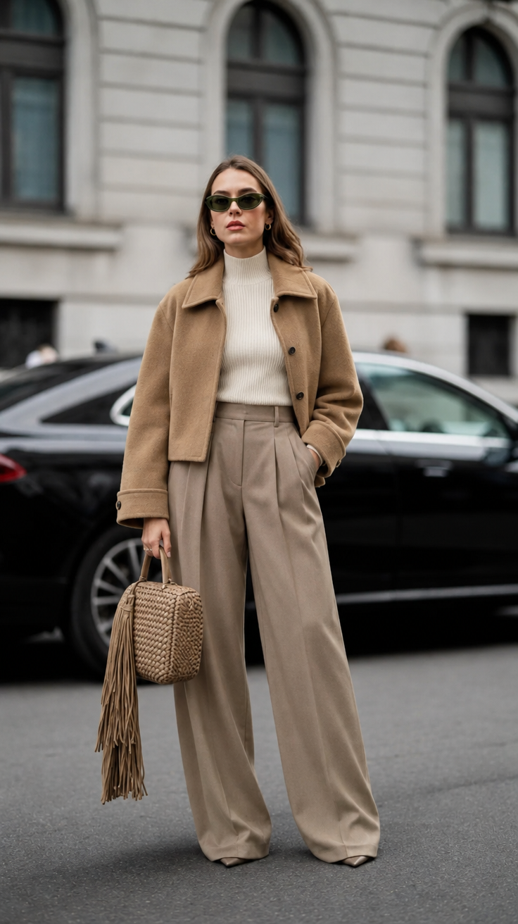 Woman in camel jacket with taupe trousers