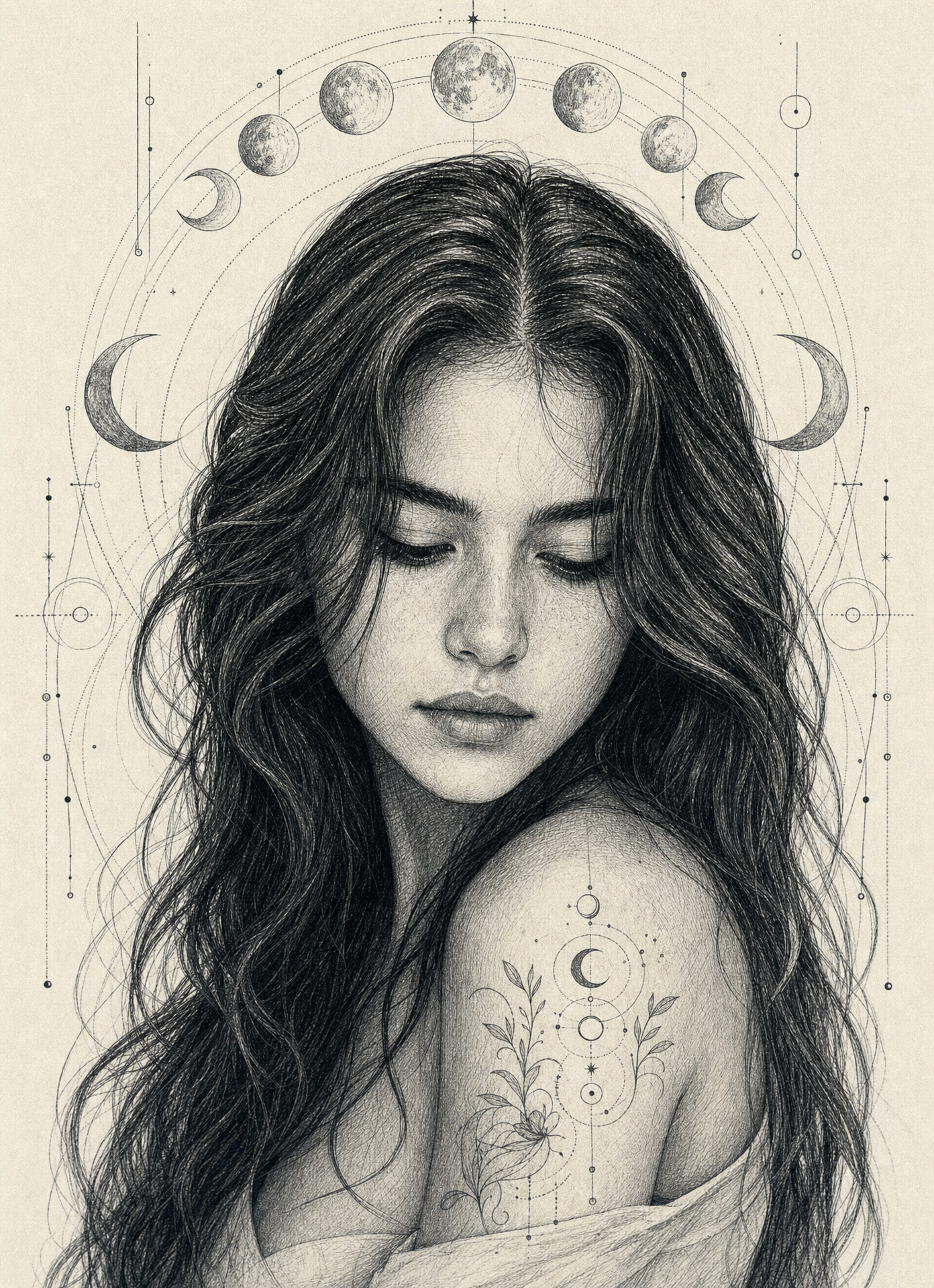 Woman in Contemplation with Lunar Geometry