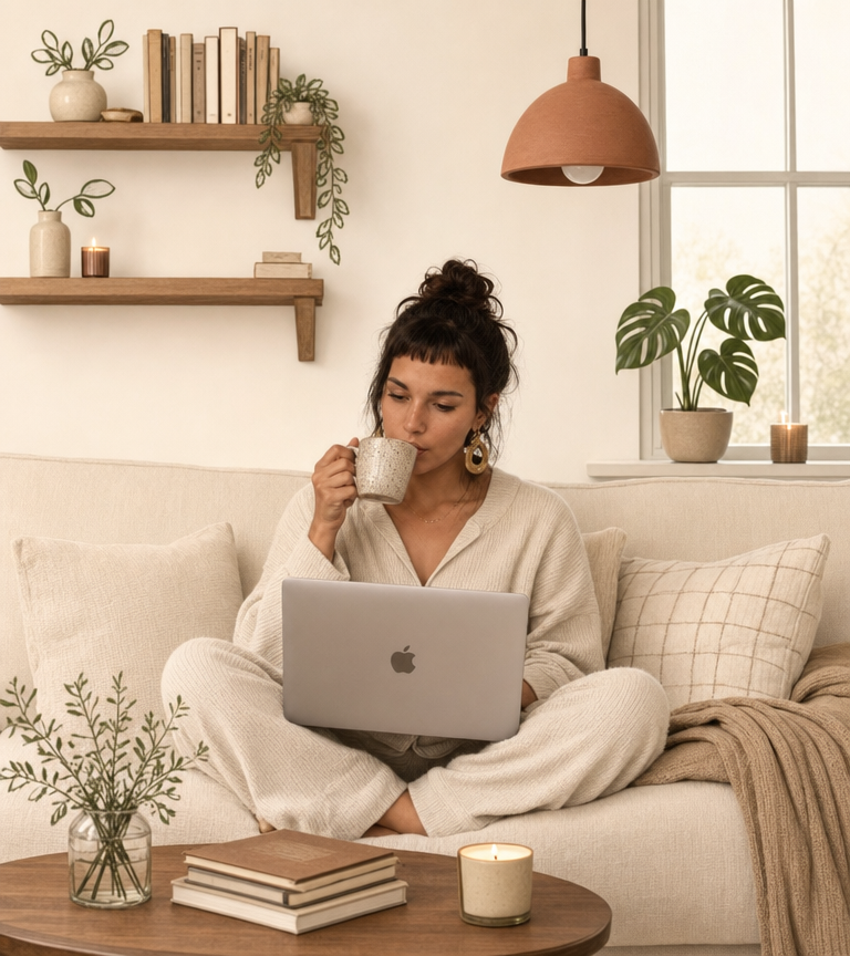 Woman in cream lounge set with laptop and mug