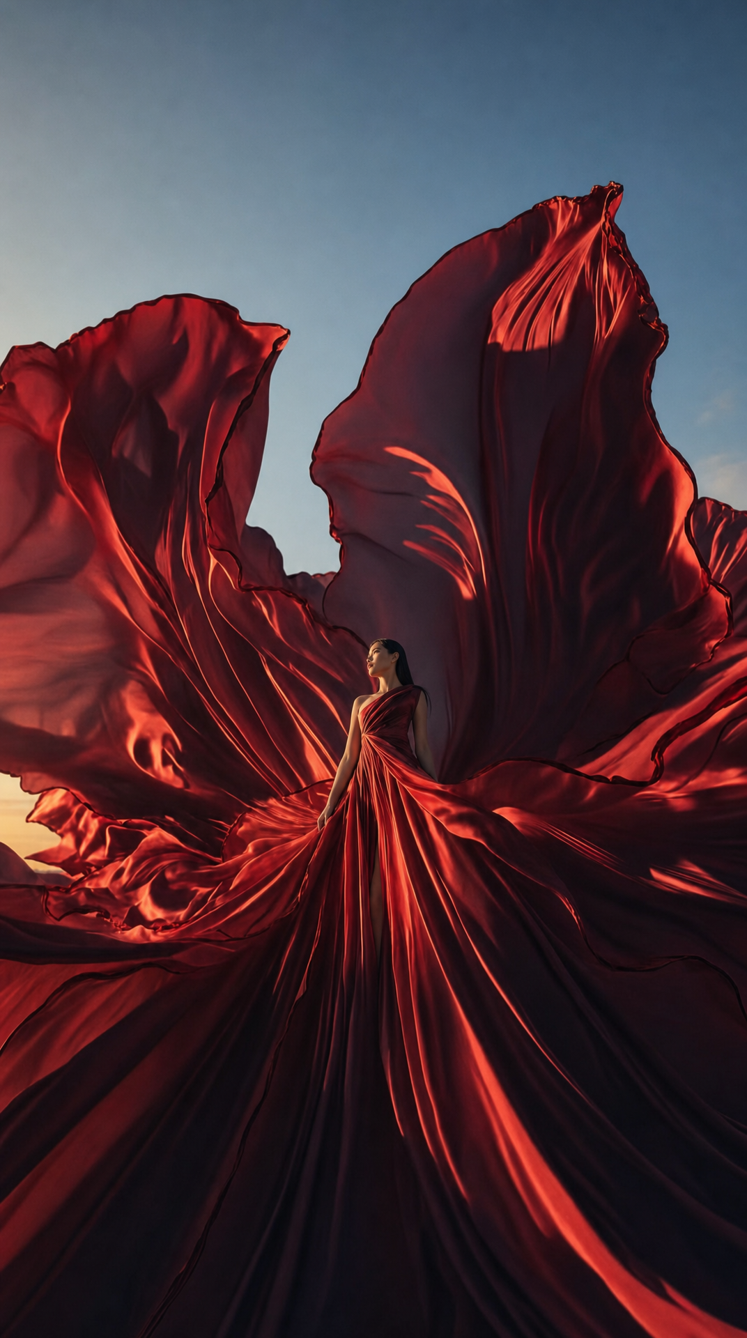 Woman in deep red couture gown with winglike silk