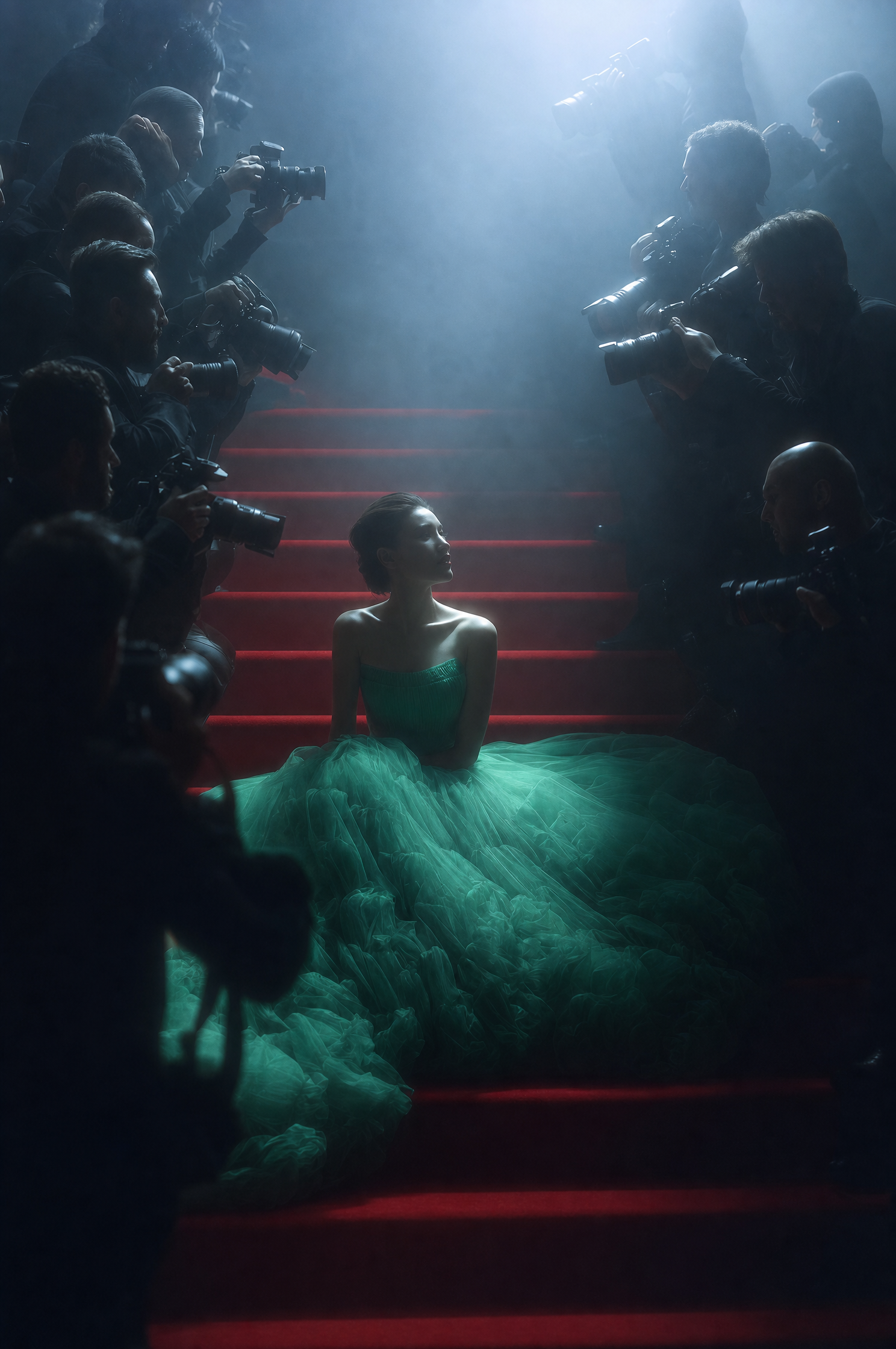 Woman in emerald couture gown on red stairs