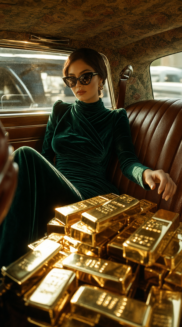Woman in emerald gown in vintage car with gold bars