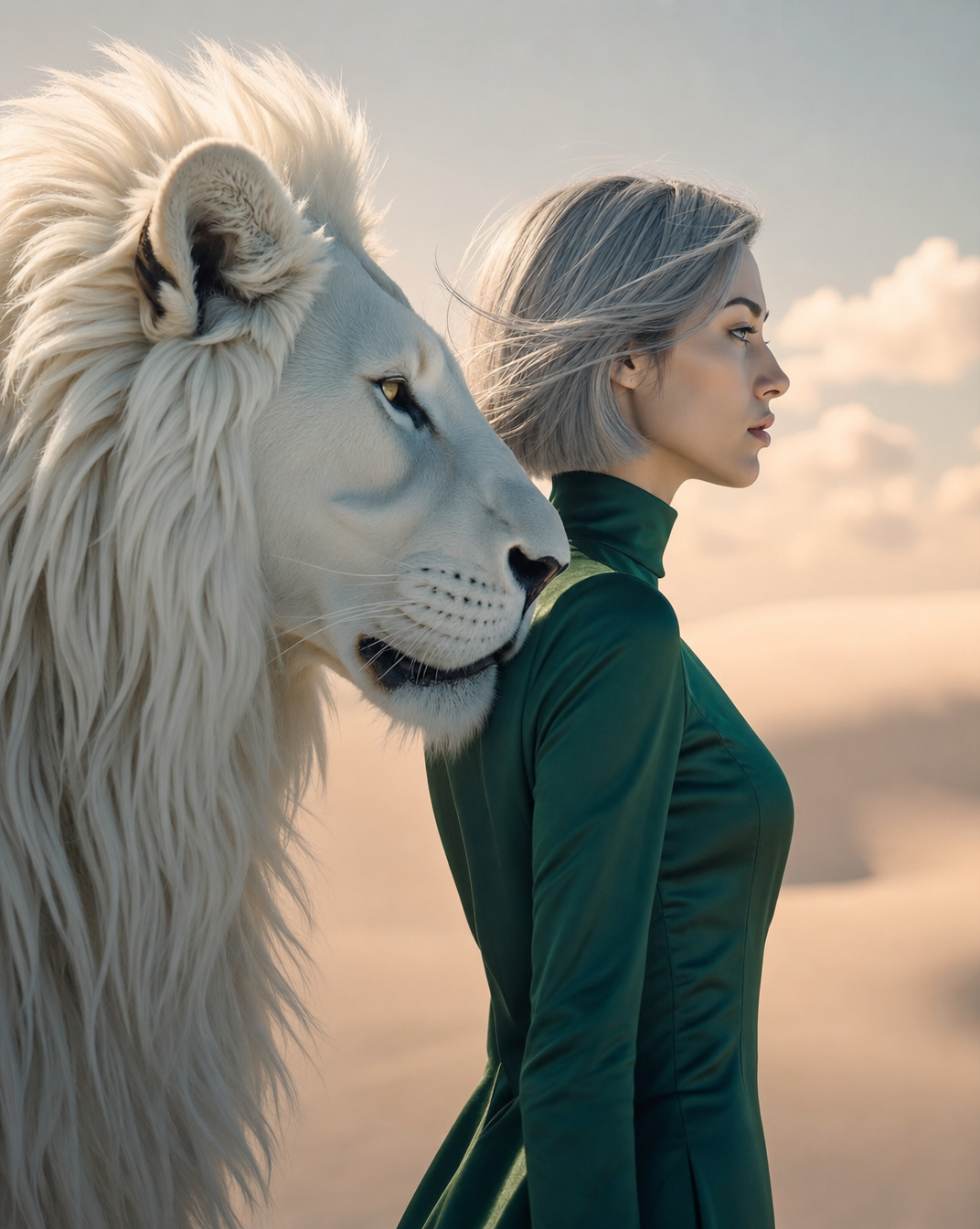 Woman in emerald satin beside white lion