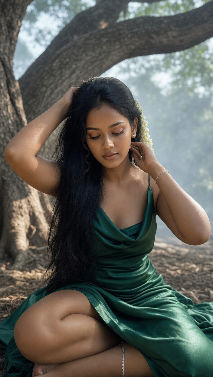 South Asian Woman in Emerald Dress, Morning Park