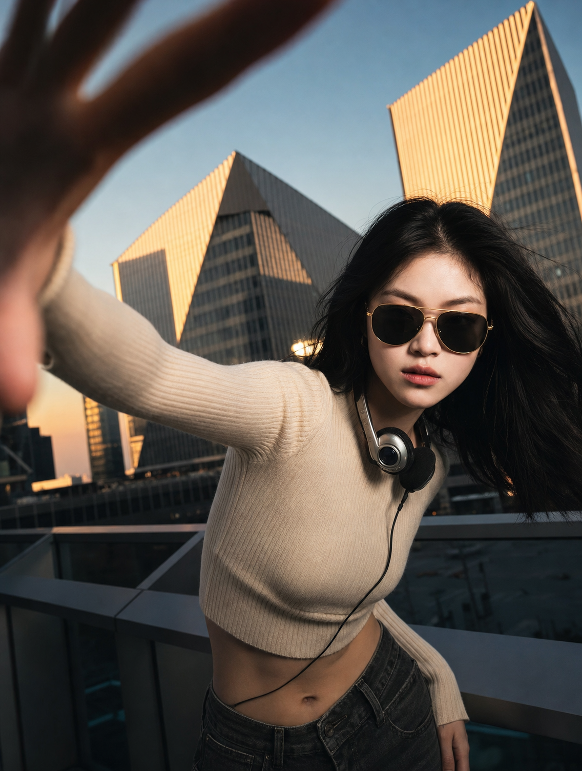 Woman in Gold Aviator Sunglasses on Rooftop