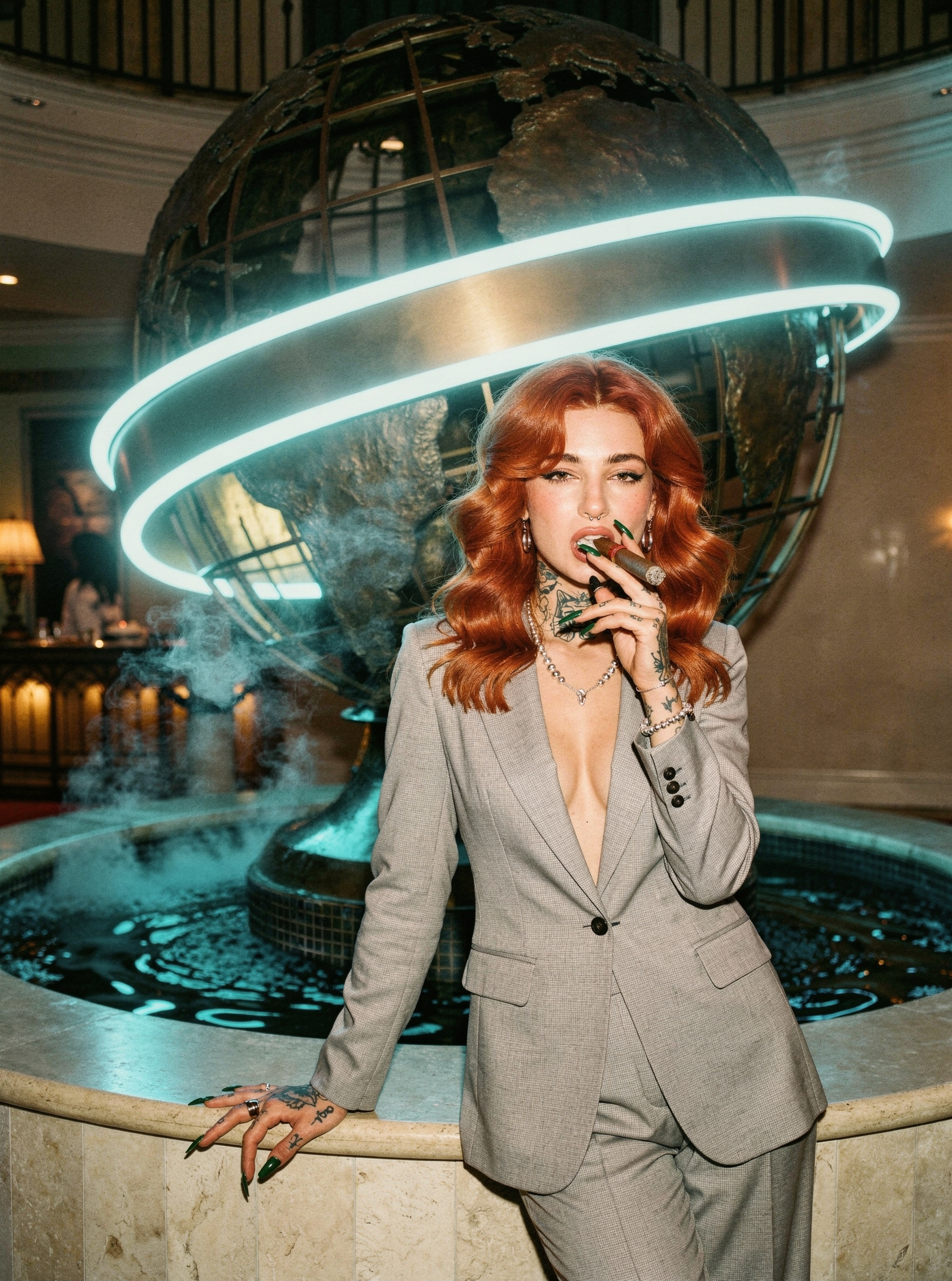 Woman in light-gray suit with teal glow signage