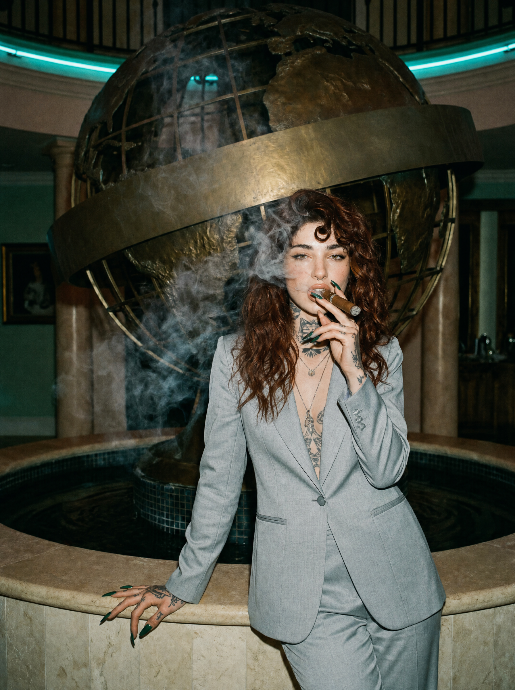 Woman in light-gray suit with teal glow signage