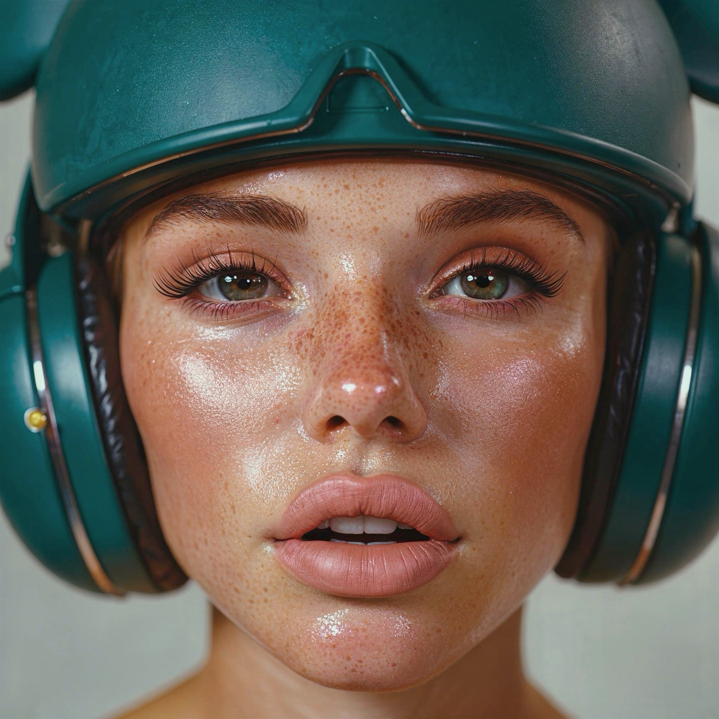 Woman in matte deep teal helmet, centered close-up