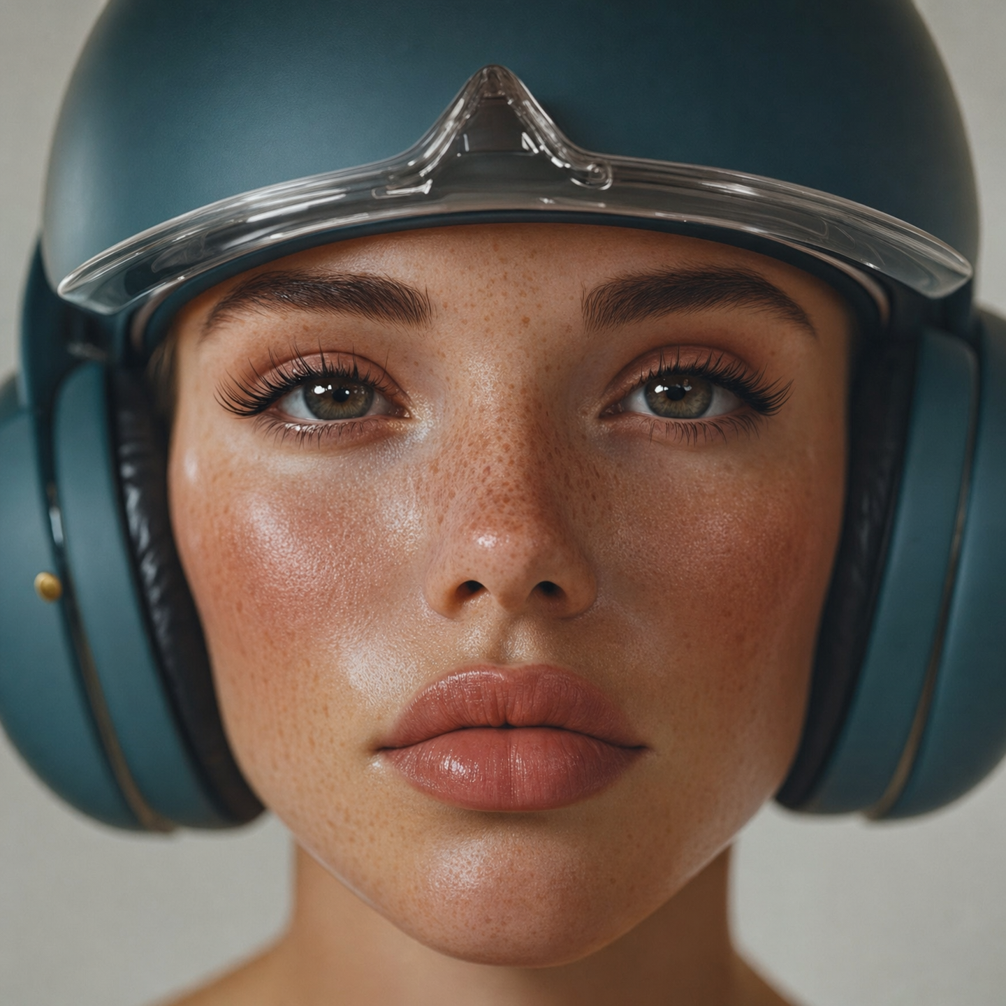 Woman in matte deep teal helmet, centered close-up — gpt-image-2