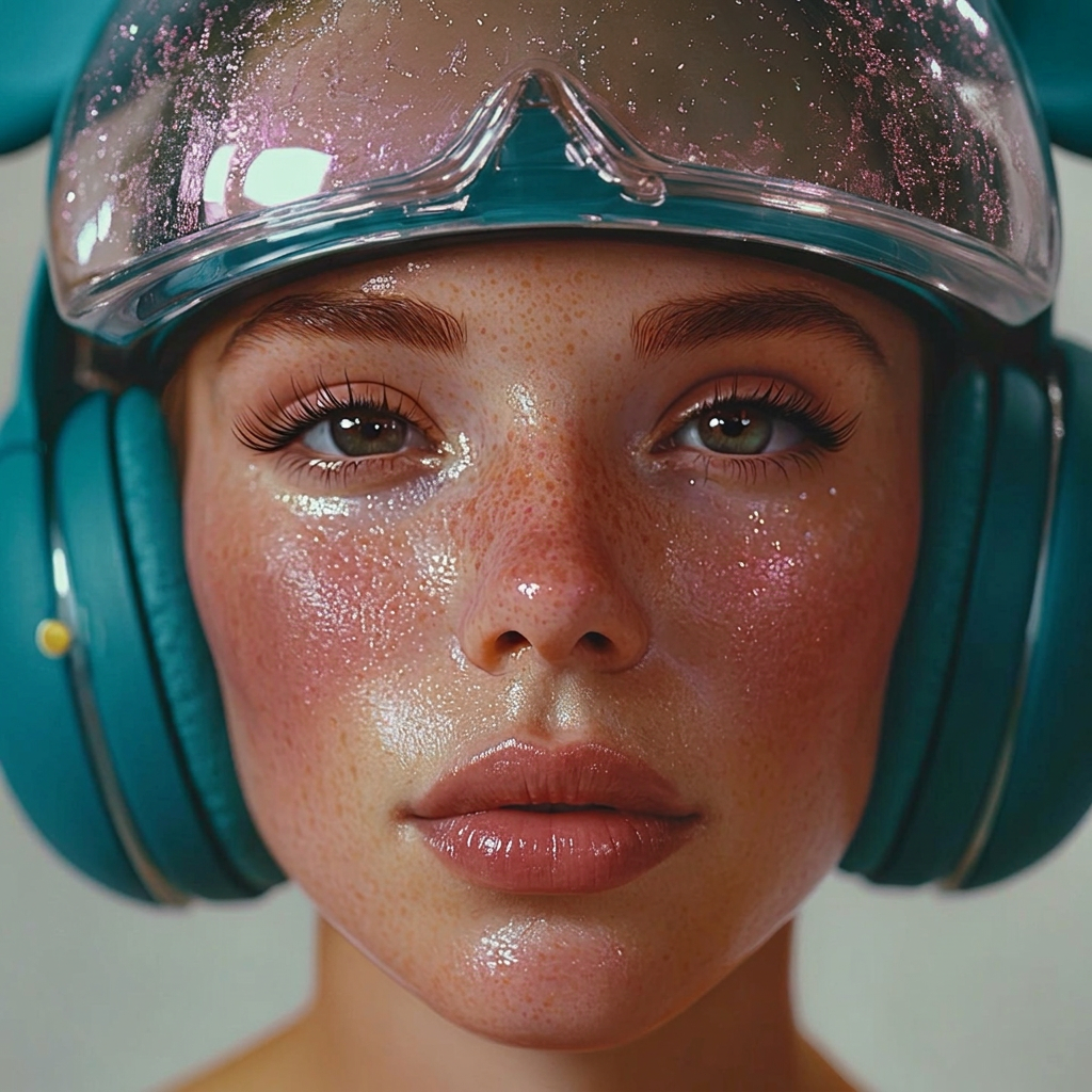 Woman in matte deep teal helmet, centered close-up