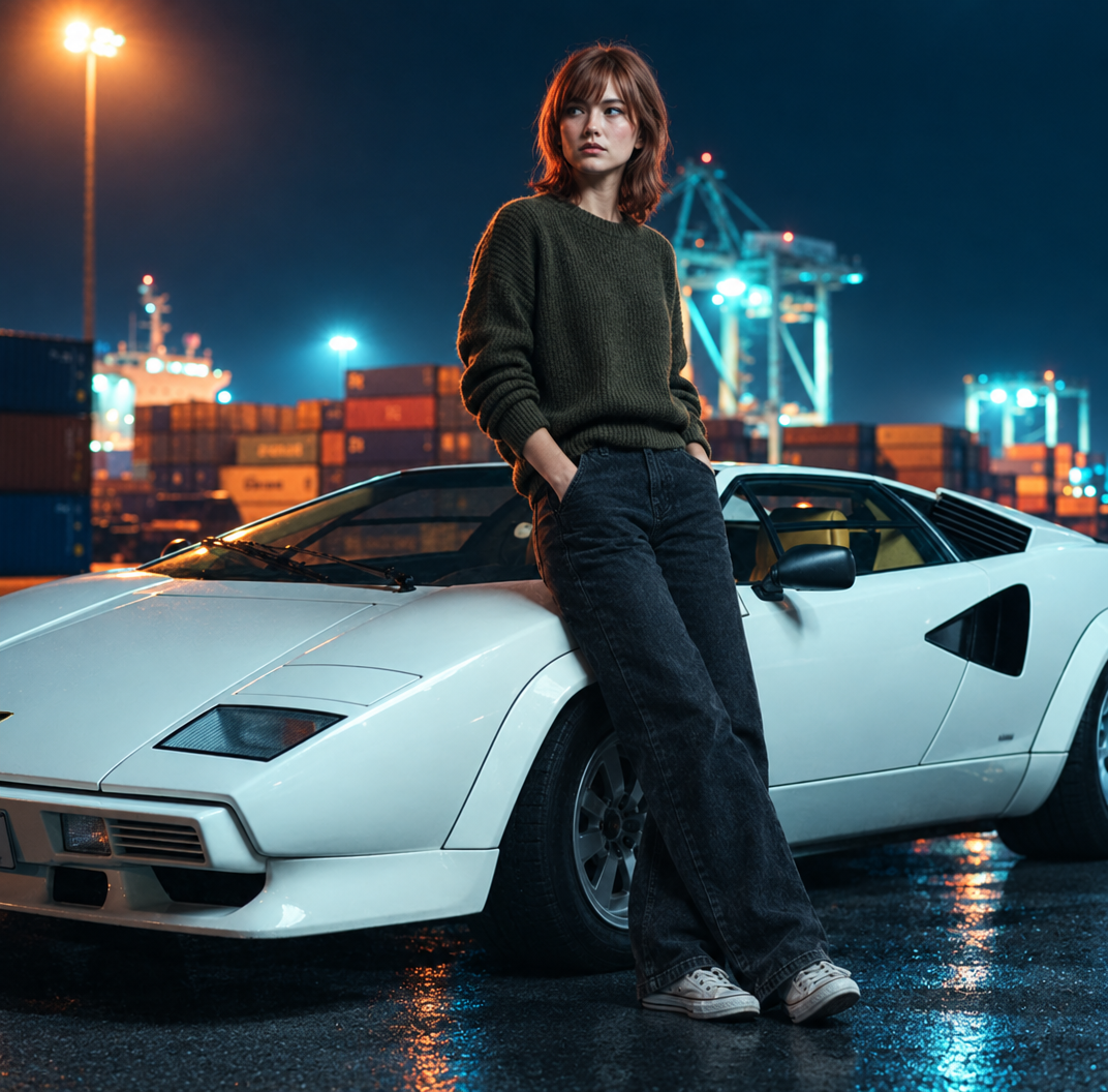 Woman in olive sweater leaning on white sports car