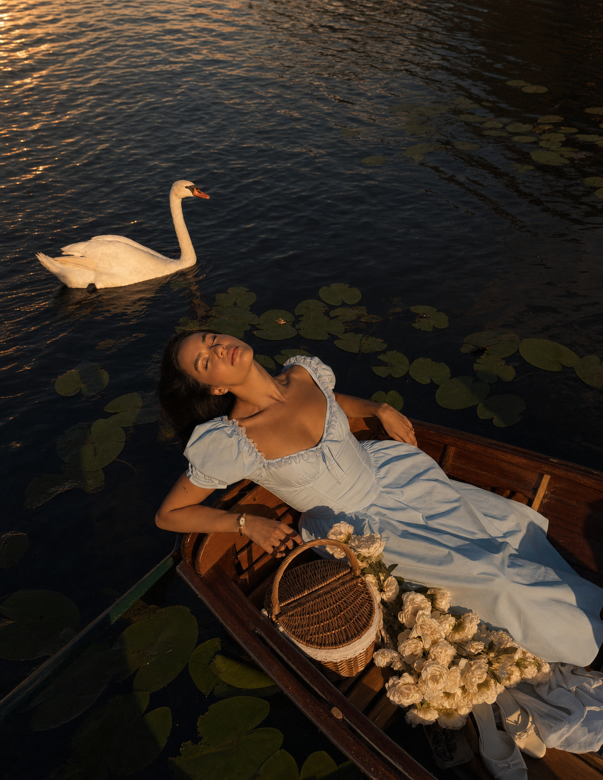 Woman in pale blue dress in lily boat