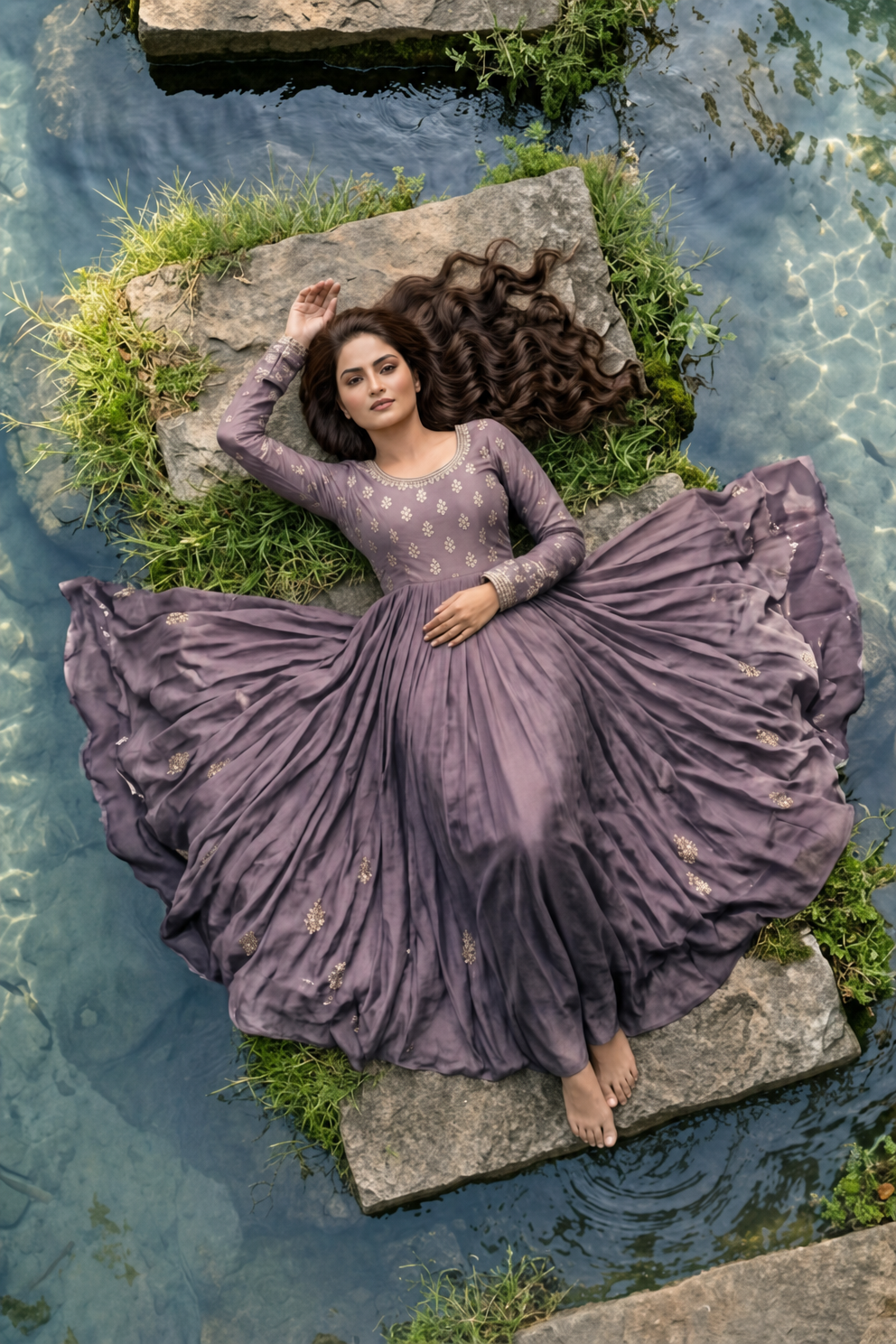 Woman in plum-violet dress on stone slabs